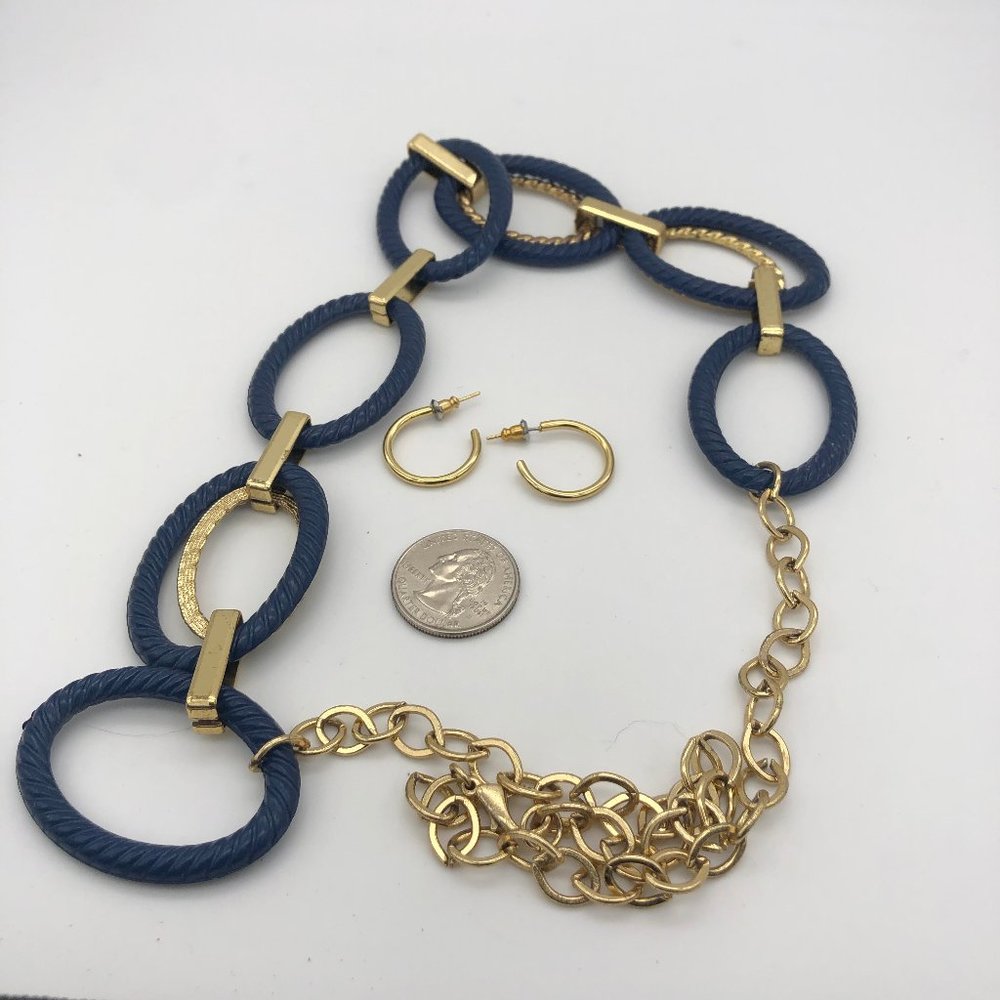 Navy Blue & Gold Tone  Statement Necklace Earrings - Picture 6 of 6